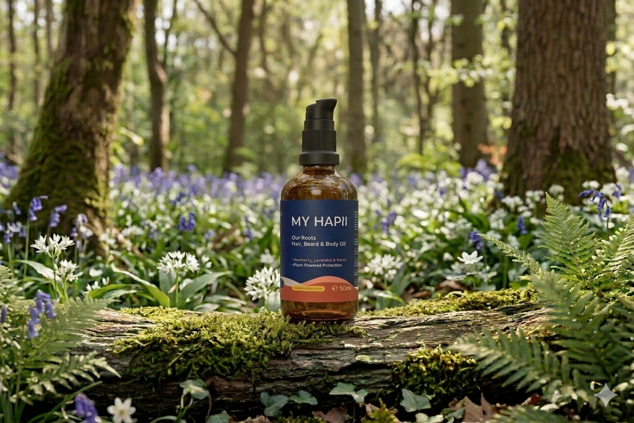 MY HAPII bottle on a log in a forest with bluebells and greenery